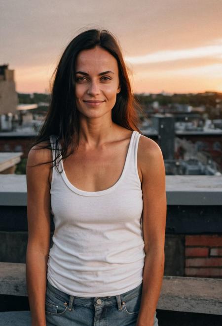 realistic, ultra realistic, detailed, young female, white tank top, detailed skin, tan skin, on a roof terrasse, sunset lighting, very long dark hair, analog film, portrait, dark hair, soft smile, wavy hair, (freckles:0.3), sunset, warm colors,