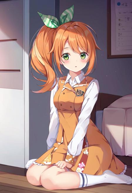 1girl,orange hair,green eyes,long hair,bow,side ponytail,bangs,hair bow,dress,shirt,long sleeves,ribbon,white shirt,hair,ribbon,orange dress,ponytail,socks,white socks,