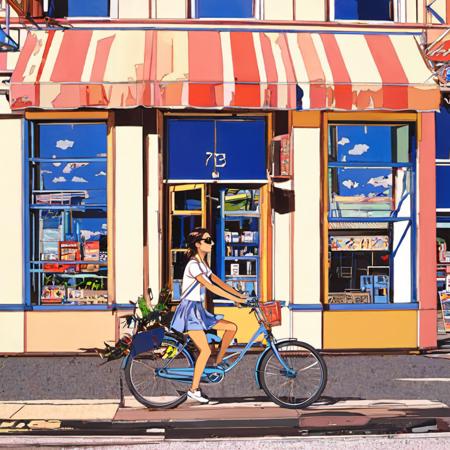 SuzukiEizin,1girl, street, sunglasses, store, riding bike, blue sky