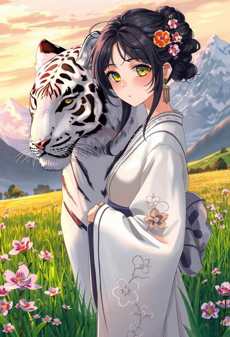 A breathtaking anime-style illustration features a serene young woman standing beside a magnificent white tiger. The woman, with her dark hair adorned with delicate pink and orange blossoms and intricate gold accessories, wears an elegant white kimono with subtle floral patterns and black accents, suggesting a traditional or fantasy setting. Her gaze is gentle yet direct, conveying a sense of quiet strength and connection with the majestic animal. The white tiger, with piercing golden eyes and striking black stripes, stands tall and protective behind her, its presence powerful yet calm. They are situated in a vibrant field of green grasses and blossoming pink and purple flowers, under a soft, diffused sky with hints of a warm sunset or sunrise. In the background, majestic, snow-capped mountains rise, hinting at a vast and beautiful natural landscape. The overall atmosphere is one of harmony, beauty, and a mystical bond between nature, human, and beast.