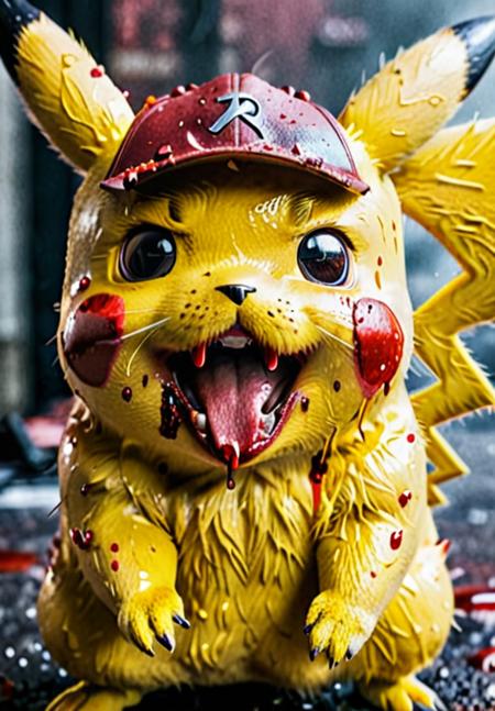 RAW photo of sweaty Pikachu as a real character,blood,(dystopian movie:1.22),film grain,sweaty face,extreme detailed face,angry, sharp teeth,as gore movie,gruesome:1.0