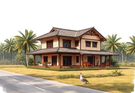 (Ultra-realistic, 32k, Masterpiece, High Quality, Detailed Realistic Background, Official Art, Realistic Lighting, filmfotos).
Sketch design, illustrator art, hyper detail architecture design sketch.
Japandi house, two stories farmhouse, Nearby farmland and garden. Direction connected road. Surrounded by Tropical trees.
60% primary color: Warm Cream, Soft Light Wood

30% secondary color: Charcoal Gray, Rich Mahogany

10% accent color: Dusty Coral, Matte Black, Burnt Orange

