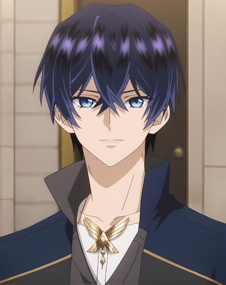 hein_arnold blue hair, blue eyes, short hair, hair between eyes, bangs
