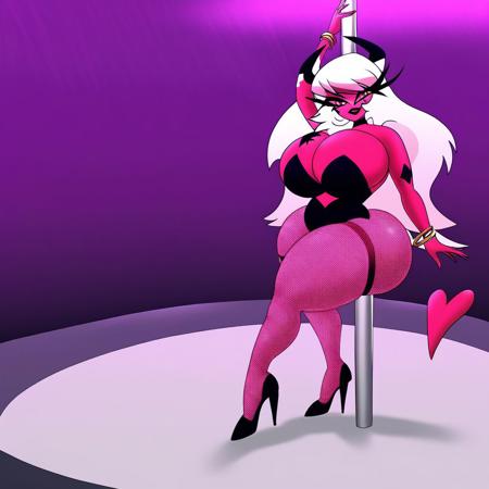 Verosika Mayday from Helluva Boss, full body, stripper pole, pole, pole dancing, jewelry, bracelet, pantyhose, thighband pantyhose, fishnets, high heels, looking at viewer