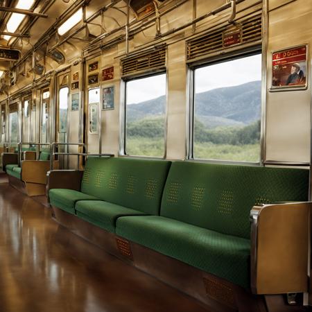 JNR205, train interior, scenery, seat, indoors, vanishing point, window, door, poster (object), realistic
