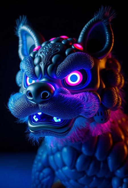 masterpiece, best quality, amazing quality, very aesthetic, high resolution, ultra-detailed, absurdres, newest,  photorealistic details, volumetric lighting, foo dog with a spherical head and no body, close up of head, glowing teeth and eyes, blue and pink, plain black background