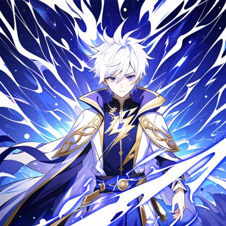 <lora:GenshinSplash-V3:1> splash screen, swirling background, dynamic scene, 1boy, male, young mage, (face, wide-eyed:1.5), elegant ornate robe, magic, fantasy, purple_theme, storm, lightning, thunderbolt, (electricity:1.3)