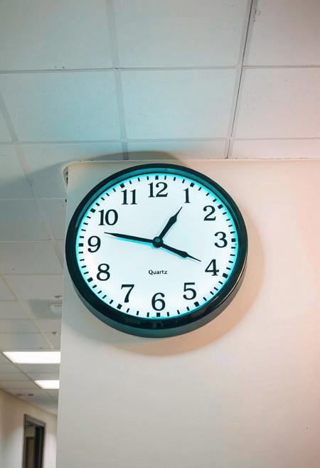 JNANX,luminous white silhouette,cyan glow,emerald highlights,flickering outline,dreamlike movement,
A detailed mixed-media collage. This image captures a large, round, black-framed clock mounted on a white wall in what appears to be a school or office hallway. The clock face itself is white with clear black numbers from 1 to 12. Interestingly, the hour and minute hands are completely missing, indicating the clock is non-functional or broken. The "Quartz" label is visible towards the bottom of the clock face. The perspective is slightly upward, showing a typical drop-ceiling with square panels and fluorescent lighting fixtures. The lighting is bright, illuminating the clean, unadorned wall and ceiling. The overall impression is one of a forgotten or neglected piece of equipment in an otherwise ordinary, utilitarian institutional setting.