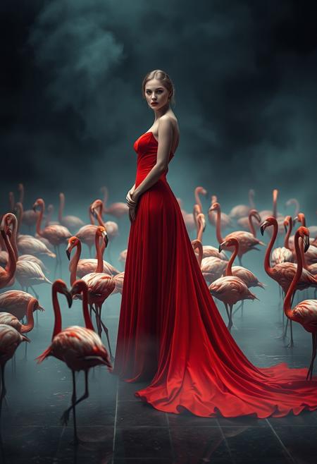 A stunning, elegant woman standing gracefully in the middle of a flock of flamingos. She wears a flowing, long red gown with an extended train that trails behind her, blending seamlessly with the vivid surroundings. Her presence is powerful yet enigmatic, her expression calm and unreadable. The atmosphere is moody and mysterious, with mist rising from the ground and soft, diffused lighting casting dramatic shadows. The flamingos gather around her peacefully, their pink feathers contrasting with the rich red of her gown. Cinematic composition, surreal ambiance, high detail, fashion fantasy, ethereal setting.