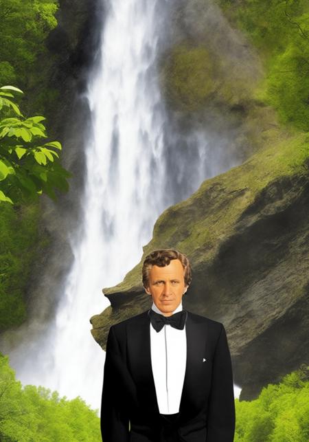 collage style portrait of a man wearing a suit at the waterfall