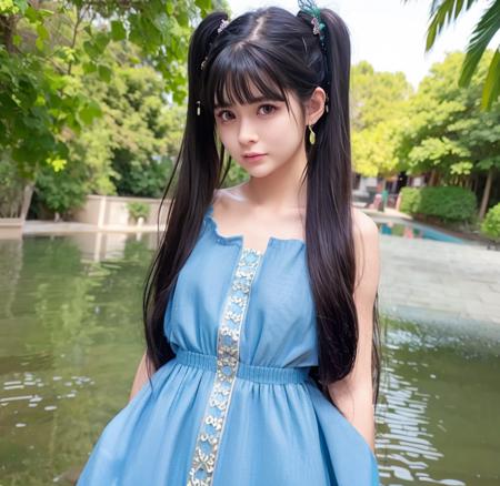 _gtll_,  <lora:goutouLora_v25:0.9>, (RAW photo:1.2), ((photorealistic:1.4),(masterpiece:1.3),(best quality:1.4),([blue|green] women's dress:1.4), (black hair),ultra high res,(detailed facial features),(detailed clothes features),HDR,8k resolution, bangs, full body,skin tight, (shiny skin), (red eyes:1.2),(cute girl),(cute face), (only 16), dreamlike, (extreme detailed illustration), scenery, no text, very long hair, (small breasts), twin_tail