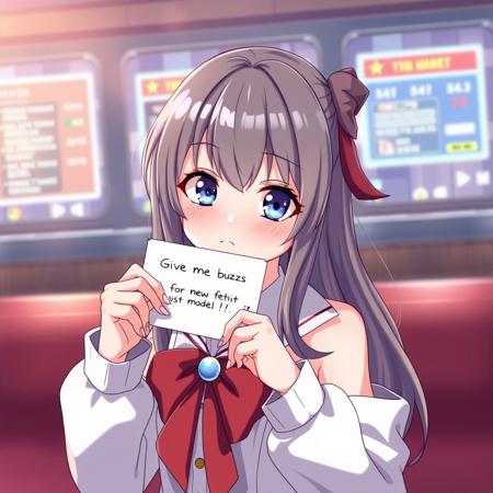Anime girl holding a small note: ((("Give me buzzes for new fetishist model"]))