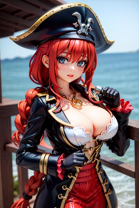 1girl,on a ship deck, blue_eyes, braid, breasts, cleavage, gloves, gun, hat, holding, holding_weapon, large_breasts, long_hair, looking_at_viewer, low-tied_long_hair, over_shoulder, pirate, pirate_hat, red_hair, solo, sword, weapon, weapon_over_shoulder