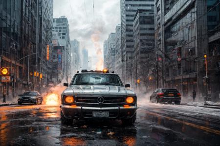 (RAW photo, 8k uhd, Analog style, Masterpiece, Best Quality, Highres:1.3), (dramatic, cinematic:1.2), BREAK,
movie shot of (ultra-detailed:1.1), (striped:1.3) (military:1.4) (cyberpunk:1.3) (battlecar:1.35) (armed with turret machine gun and grenade launchers:1.33) (rushing:1.3) through (cyberpunk city street:1.35), ((glossy:1.1) technological futuristic design:1.2), (drifting:1.3), (neon lights:1.1), (wet asphalt, reflections:1.2), (firing tires:1.35), (water splash, puddles:1.32), (debris:1.32), (steam:1.3), (frightened:1.1) (pedestrians:1.4), (bright day:1.15), (daytime:1.15) (cloudy sky, (rain:1.1):1.2), (skyscrapers:1.15), BREAK,
(photorealistic:1.2), (dutch angle:1.4), (light particles, colorful:1.2), (action movie scene, dynamic composition, fast, chasing:1.3), (motion blur, motion lines:1.3), (cyberpunk, science fiction, blockbuster, military vehicle, volumetric light:1.3), (daylight:1.2) (noir:0.5) (urban atmosphere, vehicle focus, cinematic tone, toxic, glowing, intricate, electricity, purple orange green color scheme, graffiti, (dust:1.1), no humans:1.2), BREAK,
<lora:more_details:1.0>,
<lora:zoom_slider_v1:2.0>