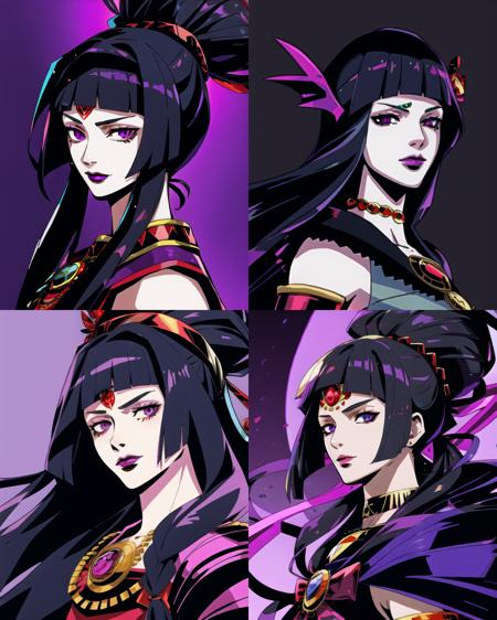 1girl, (juri han), hades-8500, cartoon, black hair, purple eyes, portrait, looking at viewer, ancient greece, (realistic), solo, soft lighting, shading, comic, (dark outlines:1.2), mature female, purple background, epic, fantasy, street fighter, warrior,