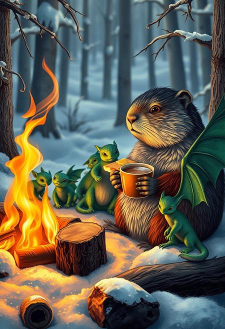 Beaver sitting nearby  a  big campfire and  eating a sandwich with cheese  and holding a cup of tea, sitting with a group of little green dragons with dark green wings , with details, snow, snowy, winter forest, vivid colors,  seen under an electron scanning microscope
