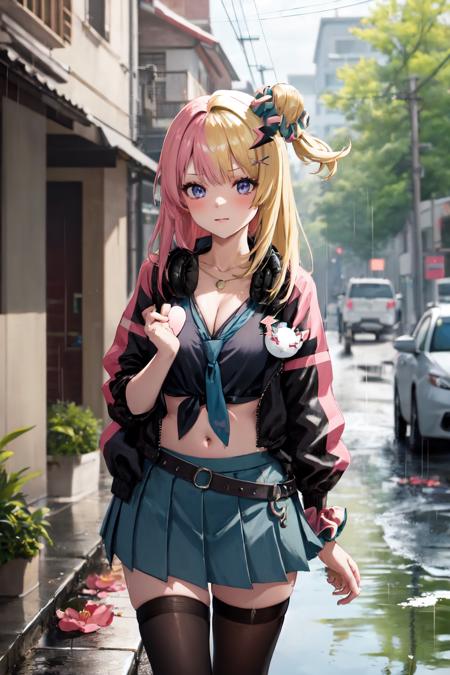 masterpiece, (detailed, highres, best quality), 1girl, <lora:spkotokaTorahime:1> kotokadef, hair scrunchie, x hair ornament, hairclip, necklace, headphones, black shirt, tied shirt, necktie, midriff, jacket, pleated skirt, belt, single thighhigh, wrist scrunchie, blue flower, blurry, blurry background, car, day, depth of field, flower, house, motor vehicle, outdoors, power lines, puddle, purple flower, rain, red flower, umbrella, utility pole, water, yellow flower