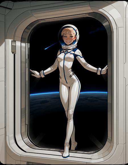 IllustriousQual, detailed face,
tall woman, solo, very short blonde hair, pixie cut, small breasts, long legs, mischievous smile,
wearing a spacesuit and helmet, 
on a space station, posing in an airlock, view of blue planet out of window,
<lora:incaseIllustrious:0.8> incase style,