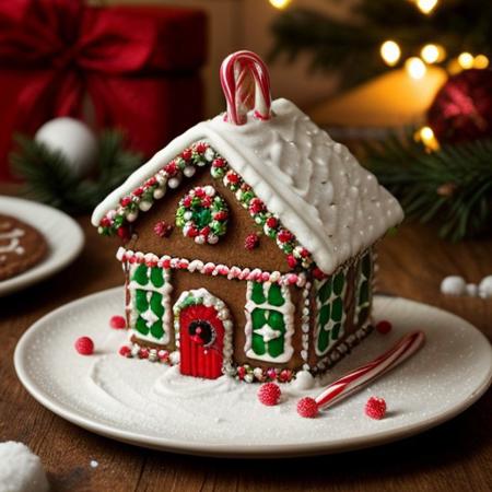 Christmas Gingerbread House: A beautifully decorated gingerbread house with colorful icing, gumdrops, candy canes, and powdered sugar resembling snow. The house is set on a snowy table, surrounded by miniature Christmas trees and festive ornaments.