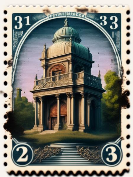 <lora:VintagePostageStamps:1>hyper detailed victorian captial city post stamp item, renaissance era, rpg item, dnd item, long brush strokes, cgi art, DND, vivid, long brush strokes, masterpiece, medium shot, 35mm lens, sharp focus, 4k, 8k, HDR