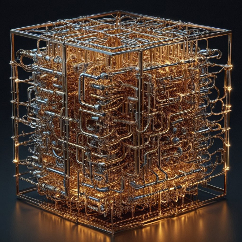 raw photograph of a surreal cube constructed entirely of interwoven brass pipes in qu4ntum style, glowing silver wires spiraling along the edges, intricate golden circuitry engraved across the surfaces, quantum energy pulses radiating softly from its hollow core, set against a dark void with swirling neon energy trails