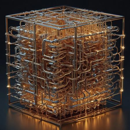 raw photograph of a surreal cube constructed entirely of interwoven brass pipes in qu4ntum style, glowing silver wires spiraling along the edges, intricate golden circuitry engraved across the surfaces, quantum energy pulses radiating softly from its hollow core, set against a dark void with swirling neon energy trails