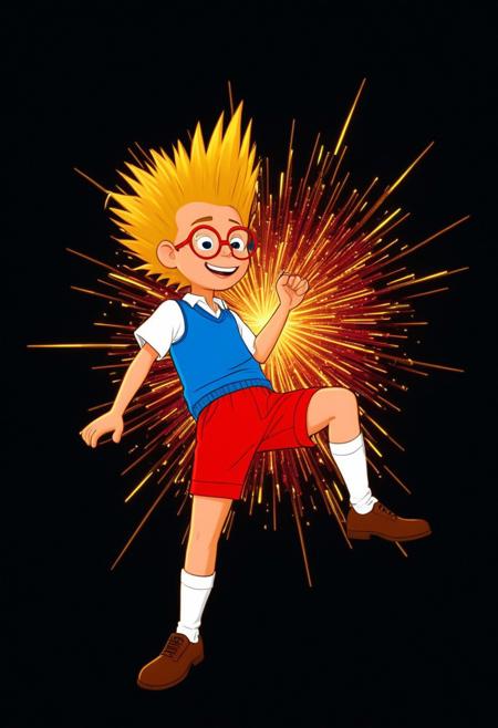 Character, Lewisrobinson, blonde spiky hair,red glasses, blue vest, red shorts, white shirt, cartoon style, brown shoes, white socks.  proud face, excited pose, in the style of golden future. gears are falling as meteor shower colored baroque geometric patterns float around the canvas in the style of colorful digital art. The image has a futurist aesthetic with a nice futuristic disorder and psychedelic color palette. Black background, neon lights, glitch art, surrealism, high contrast, vibrant colors, psychedelic patterns, ethereal glow. The overall mood should be one of happy tomorrow and hopefull beauty.It's like something in the style of science fiction.Lewisrobinson, cartoony, by Crazyoe