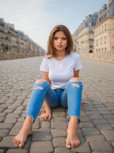 maria a beautiful 26 year woman, tshirt, ripped jeans, seated on the ground, barefoot, old paris, cobble stones, vibrant colors, photoshoot, <lora:Maria_Katarina_Cavalcante_xl:1>