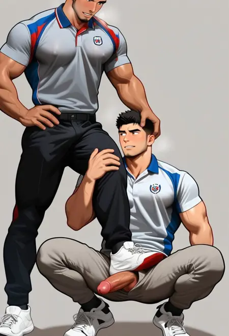 holding leg and stepping on penis/crotch (stepped on penis)