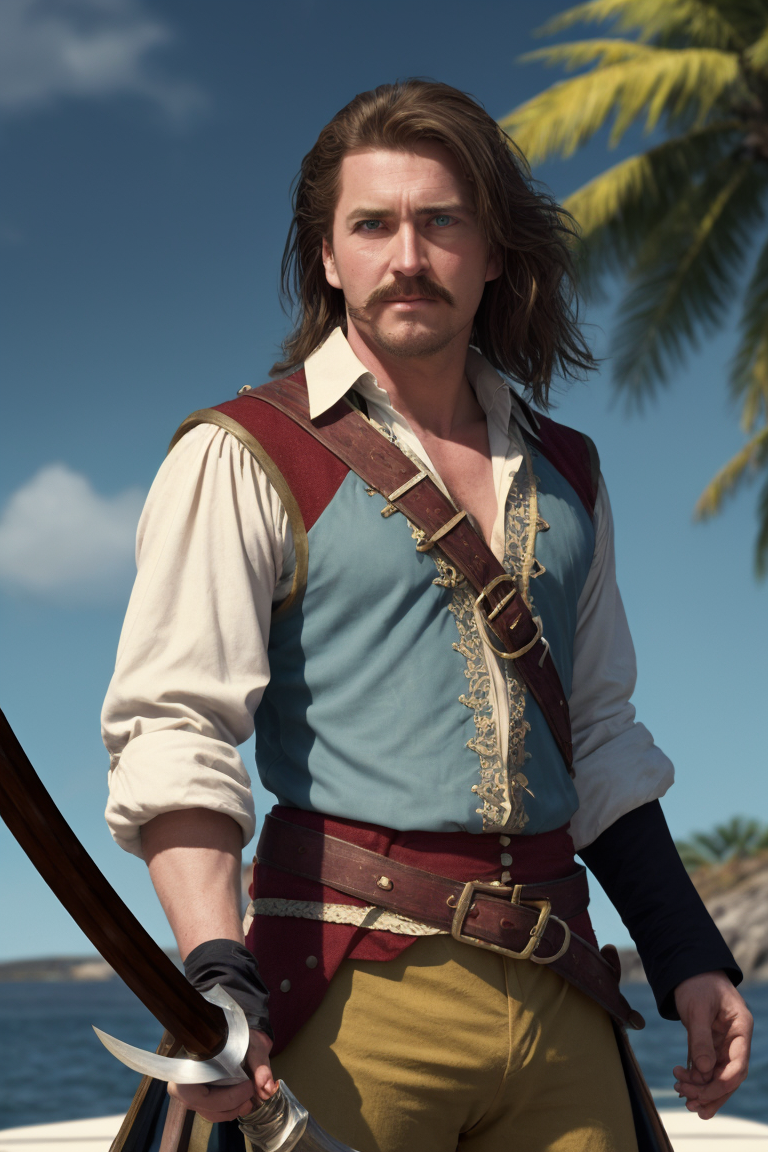swashbuckler an adult male pirate with long swept back brown hair, [errol flynn:0.7], light blue eyes, stubble facial hair, 1820s era white shirt and red vest, chest hair, rapier at his waist, scabbarded sword,  chest hair, 8k, cinematic lighting, island background