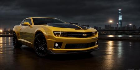 Camaro - Bumblebee,Camaro,masterpiece, highly detailed photorealistic 8k raw photo,Rainy night, night,bright tones,real light and shadow,best cinematic quality, volumetric lighting and shadows, the front of the car has a Camaro logo,1girl driving car, sprktt,cutting-edge design, showcasing sleek lines, advanced features, innovation, futuristic cityscape, high-tech laboratory, futuristic cityscape background, Full shot, shiny and reflective bodywork ,8k <lora:Camaro - Bumblebee:0.7>