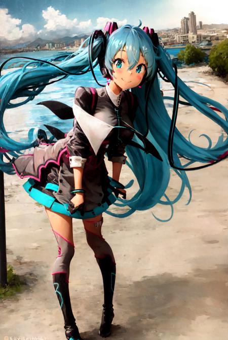 khyle., warm colors, solo, 1girl, magical mirai (2015), hand in hand (vocaloid), full body, standing, leaning forward, smile, looking at viewer, city, sidewalk, outdoors, day, sunlight