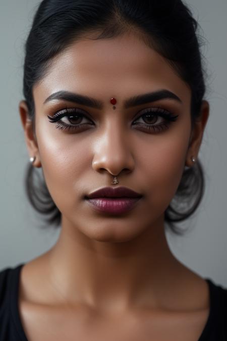 (hdr, dark shot:1.2), portrait photo of a beautiful Indian woman, 25 years old, makeup, nose ring, dramatic eyeliner, vibrant silver hair, punky, sexy, simple black background, 16k UHD, high quality, dramatic, cinematic, vibrant colors, high contrast, (natural skin texture, hyperrealism, soft light, sharp)