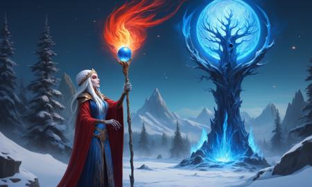 <lora:Fantasy_art_XL_V1:1> <lora:xl_more_art-full_v1:1> <lora:epiCRealismHelper:1> <lora:Fantasy:1> <lora:more_details:1> masterpiece , 8k, highest possible quality<lora:HeavyMetalStyle:0.1.1>Flat 2D Art,simple flat color,2-dimensional,heavymetalstyle,Flat 2D Art Style, High fantasy art, an epic explosion of blue and red magic in the center of the picture , on the right side a beautiful elven(hair, lips, eyes) sorceress casts a fireball , on the left side skeleton lich casts a freezing snowy winter orb