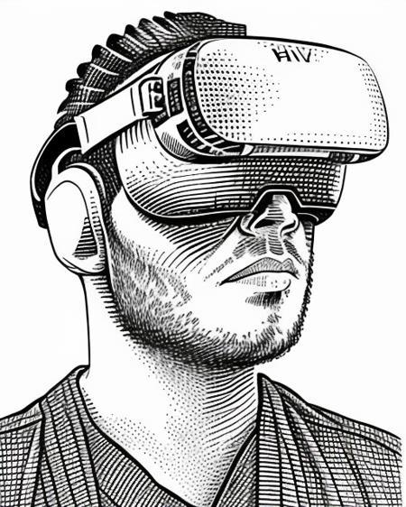 medium centred portrait of a person ((wearing) VR oculus headset) hedcut style    <lora:GazHedcut:1>