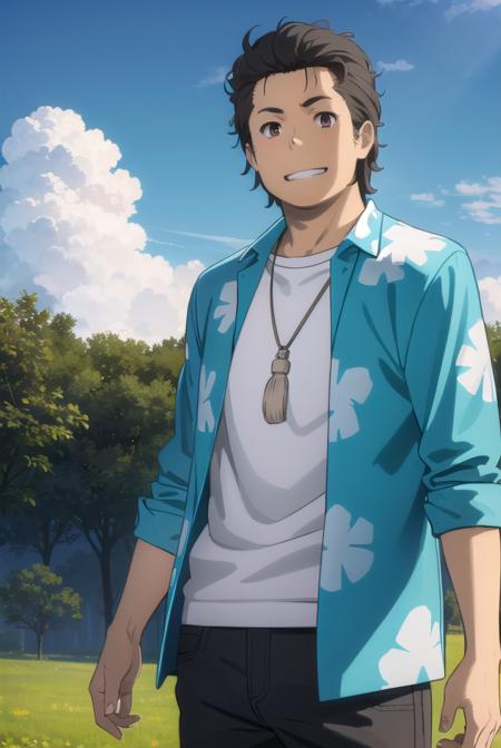 tetsudouhisakawa, <lora:tetsudou hisakawa s1-lora-nochekaiser:1>,
tetsudou hisakawa, black hair, (brown eyes:1.5), male focus, smile, grin,
BREAK shirt, open clothes, pants, necklace, sandals, hawaiian shirt,
BREAK outdoors, house, fields, grass, sky, sun, clouds,
BREAK looking at viewer, (cowboy shot:1.5),
BREAK <lyco:GoodHands-beta2:1>, (masterpiece:1.2), best quality, high resolution, unity 8k wallpaper, (illustration:0.8), (beautiful detailed eyes:1.6), extremely detailed face, perfect lighting, extremely detailed CG, (perfect hands, perfect anatomy),