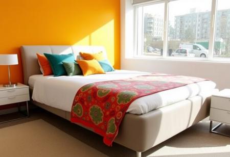 A stylish bed with sleek, contemporary design, adorned with colorful throw pillows and a vibrant patterned blanket in a modern bedroom with brightly painted walls. The fills the frame of the image. Next to the bed is a modern nightstand with a minimalist lamp. The space is flooded with natural light.