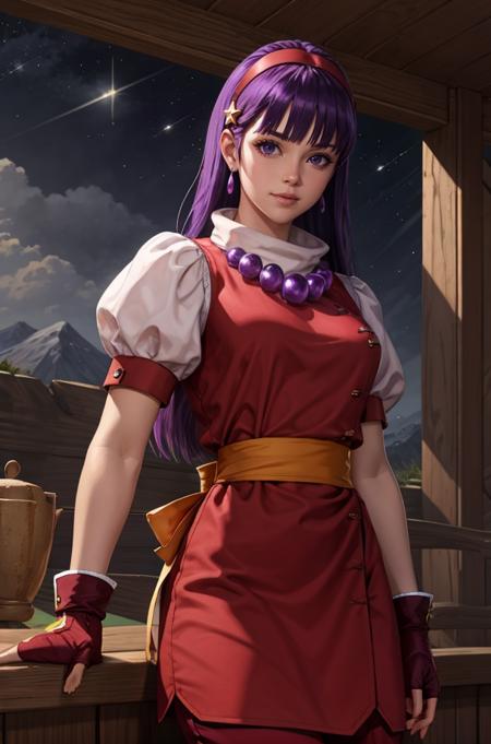 asamiya_red_top_ownwaifu,hairband,long hair,red hairband,fingerless gloves,gloves,jewelry,purple hair,star (symbol),hair ornament,purple eyes,star hair ornament,breasts,necklace,earrings,short sleeves,dress,puffy sleeves,red gloves,puffy short sleeves,sash,pants,red dress,bangs,
masterpiece,best quality,ultra detailed, 8k, cinematic light,highly detailed, scenery,pose,solo,looking at viewer, <lora:GAME_asamiya_athena:0.8>