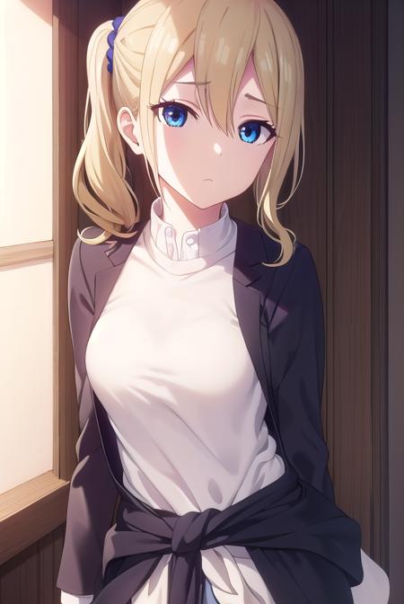 aihayasaka, <lora:ai hayasaka s3-lora-nochekaiser:1>,
ai hayasaka, bangs, blue eyes, blonde hair, hair ornament, hair between eyes, sidelocks, side ponytail, scrunchie, hair scrunchie, blue scrunchie,
BREAK shirt, long sleeves, school uniform, shoes, socks, sweater, cardigan, black socks, clothes around waist, shuuchiin academy school uniform, sweater around waist, cardigan around waist,
BREAK indoors, classroom,
BREAK looking at viewer, (cowboy shot:1.5),
BREAK <lyco:GoodHands-beta2:1>, (masterpiece:1.2), best quality, high resolution, unity 8k wallpaper, (illustration:0.8), (beautiful detailed eyes:1.6), extremely detailed face, perfect lighting, extremely detailed CG, (perfect hands, perfect anatomy),