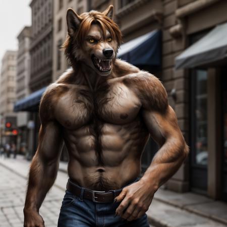 bust shot, detailed urban city sidewalk setting, warm lighting, (solo:1.3),
BREAK, staring into the camera, 20 years old, anthro wolf male with brown fur, very muscular, lean build, fluffy tail, yellow eyes, (short ginger hair, Leon Kennedy hairstyle), wolf snout, canine teeth, large fangs, (angry expression, snarling), (realistic fur, hairy fur, wiry hair over body, fur over body, detailed fur texture), wearing blue jeans, large pecs, claws, paws, black paw pads