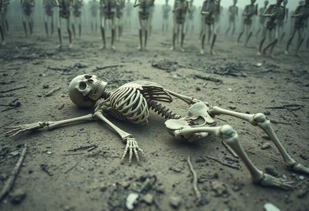 a skeleton lying on the ground, as we can see other skeletons march by. the image is one of giving in to the endless void.