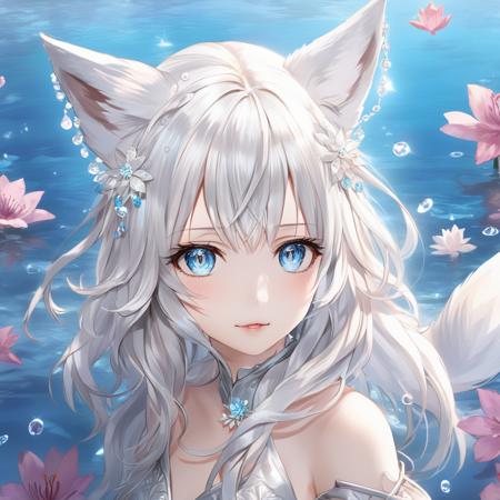 masterpiece, best quality,official art, extremelydetailed cg 8k wallpaper,(flying petals)(detailed ice) , crystalstexture skin, coldexpression, ((fox ears)),white hair, longhair, messy hair, blue eye,looking at viewer,extremely delicate andbeautiful, water, ((beautydetailed eye)), highlydetailed, cinematiclighting, ((beautiful face),fine water surface, (originalfigure painting), ultra-detailed, incrediblydetailed, (an extremelydelicate and beautiful),beautiful detailed eyes,(best quality),mooooko， <lora:momokoface_new:0.7>