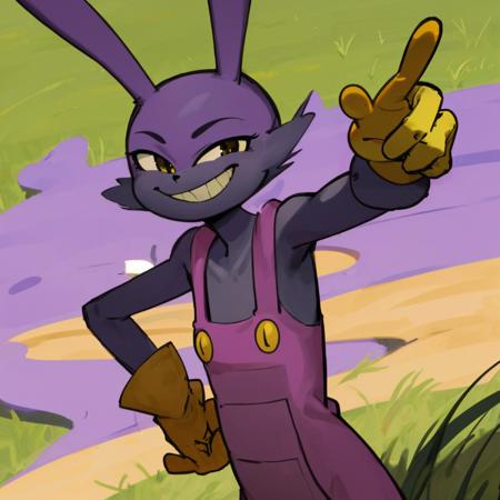 JaxAmazing , grassy outdoors background , evil smile , yellow gloves , ta da pose , bunny man, purple fur , amazing art  <lora:JaxAmazingLora-000009:0.8>