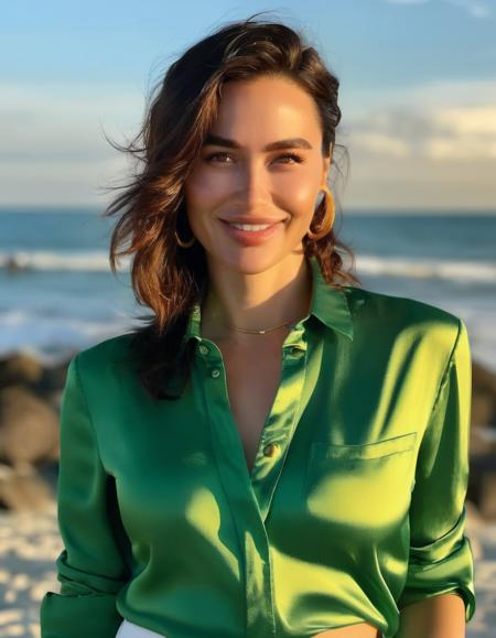 <lora:Ana Cheri:1> , fashion editorial style Professional close-up photo of anchrgrc woman  wearing a green satin shirt,  golden hour, on the beach,  smiling, best quality, shot of digital camera,    < high fashion, trendy, stylish, editorial, magazine style, professional, highly detailed