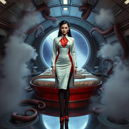 Regal high-society elegant slender norvegian alluring rich lady with porcelain skin and raven hair, wearing high-gloss red stilettos, glossy  red foil tight fitted qipao, white open laboratory robe and black silk stockings. She stands poised in the center of a bizarre, otherworldly spaceship cabin, weird. Luxurious glossy satin round bed with glossy foil pillows under slimy tentacles canopy at background, surrounded by an eerie, pulsing fog that wafts up from holes in  the polished metal floor , which reflects the dim, ominous lighting. The air is thick with malevolent energy as giant, twisted tentacles erupt from the floor, as if alive, while a massive, curved observation porthole looms behind her, offering a glimpse into the dark, starry expanse of outer space. Her face is a masterful blend of beauty and horror, with a sly, evil grin spreading across her lips, accentuated by meticulous, vintage-inspired makeup, in the style of a haunting, retro-futuristic 1950s sci-fi nightmare, reminiscent of the works of H.R. Giger, Zdzisław Beksiński, and Simon Stalenhag.