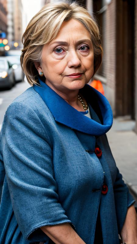 Hillary Clinton, European old woman as a very poor woman, beggar, ragged clothes, begging in New York, walking in a very dirty street, dirty city, crying in pain, whole body, full body in frame, detailed background, highly detailed face, extremely detailed, high quality, best quality, looking at viewer