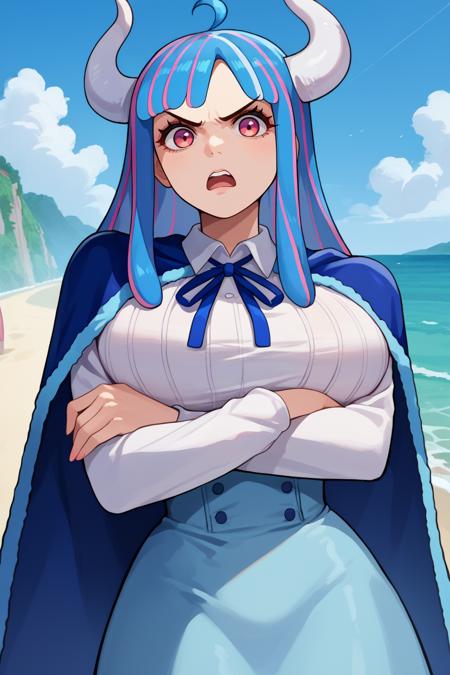 ulti, horns, pink eyes, long hair, multicolored hair, bangs, ahoge mouth mask, blue cape, white shirt, long sleeves, neck ribbon, light blue skirt, high-waist skirt, large breasts