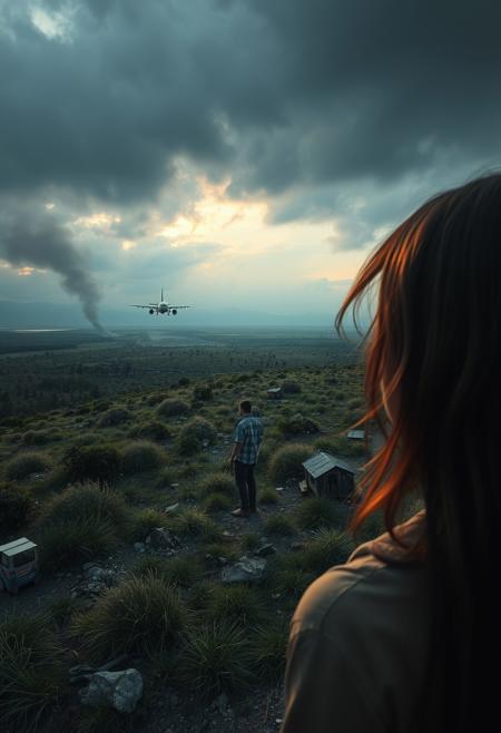 1woman, plane crash survivor, afraid, view from the ground up, crashed plane in distance