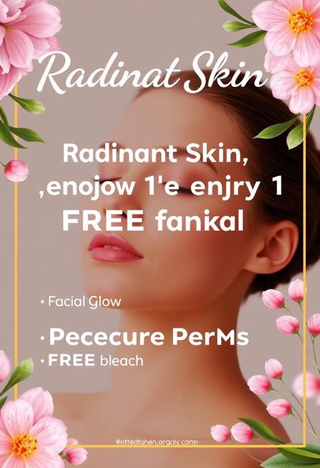 Design a Ad poster for a beauty salon with the following content,
Radiant Skin: Book 2 facials, enjoy 1 FREE facial!
Facial Glow: Get a FREE bleach with any facial.
Pedicure Perks: FREE detan with every pedicure.