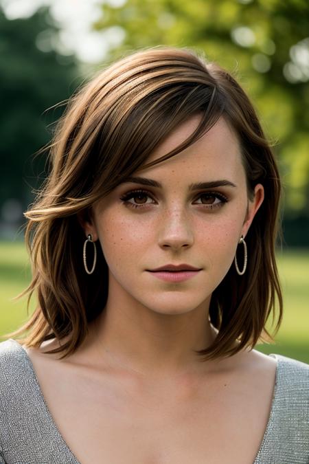 photo of captivating (emm4w4ts0n), beautiful woman as a movie star, realistic, (detailed:1.1), (film grain), (skin details), (4k), smiling, Dappled Light, analog style (looking at the camera), (skin texture), (film grain), (hyper-realistic texture skin:1.3), cinematic light, sidelighting, ultra high res, best shadow, RAW, beautiful hair, (high fashion dress), london, summer city park, professional model photoshoot, hdr, sunset, (short hair), earrings